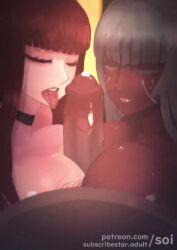 1boy 2girls atlus big_breasts brigitta_(metaphor:_refantazio) cum cum_on_breasts cum_on_face cumming double_paizuri fellatio hulkenberg licking licking_penis metaphor:_refantazio paizuri precum skello-on-sale smile tagme video