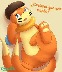 2021 anus blue_eyes buizel clothing female female_feral feral fur galv3z_(artist) generation_4_pokemon genitals hat headgear headwear hi_res lying nintendo on_back orange_body orange_fur paws pokemon pokemon_(species) presenting presenting_pussy pussy signature simple_background solo spanish_text spread_legs spreading text