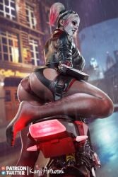 3d ass ass_focus batman:_arkham_knight batman_(series) bike biker biker_clothes biker_girl clown clown_girl clown_makeup clown_nose dc_comics feet getting_up harley_quinn harley_quinn_(arkham) harley_quinn_(injustice) jacket kanjiartwork leather leather_clothing leather_jacket looking_back outdoor_nudity outdoors panties rain raining smiling smiling_at_viewer soles stockings toes twintails wet wet_body wet_clothes wet_clothing wet_skin