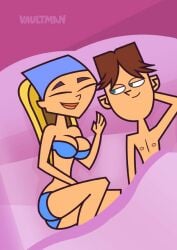 1boy 1girls blonde_hair blue_bra blue_panties bra brown_hair cody_(tdi) lindsay_(tdi) panties total_drama_island vaultman