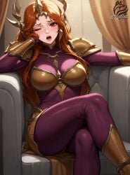 armor ayakonarts league_of_legends leona_(league_of_legends) orange_hair sitting solo