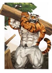 abs absurd_res anthro areola armpit_hair beard biped body_hair bulge detailed_background detailed_bulge facial_hair felid genital_outline happy_trail hi_res male male_anthro mammal muscular muscular_anthro muscular_male nipples pantherine pecs penis_outline solo striped_body stripes tail tiger traver009 vein veiny_muscles