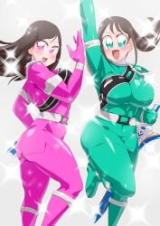 2girls alluring big_breasts bodysuit brown_hair green_eyes hayami_sena mashin_sentai_kiramager multiple_girls no_headwear ooharu_sayo otokam1117 pink_eyes super_sentai