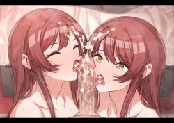 1boy 2girls censored cooperative_fellatio cum cum_on_body cum_on_hair erere facial fellatio ffm_threesome group_sex idolmaster idolmaster_shiny_colors long_hair mosaic_censoring multiple_girls oral osaki_amana osaki_tenka penis pov red_hair shimaidon_(sex) siblings sisters teamwork_(sexual) threesome yellow_eyes