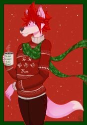 2020 anthro beverage biped bottomwear candy canid canine canis chocolate christmas christmas_clothing christmas_sweater christmas_topwear clothing colored container cup dessert digital_drawing_(artwork) digital_media_(artwork) food fur hair hi_res holding_beverage holding_container holding_cup holding_object holidays hot_chocolate male mammal mkvero pants pink_body pink_fur red_eyes red_hair scarf shaded simple_background snow solo sweater tail topwear vero_(mkvero) wolf