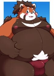 2025 ailurid anthro balls_outline belly big_belly blush brown_body bulge detailed_bulge genital_outline hi_res kemono kusosensei male mammal moobs nipples orange_body overweight overweight_male penis_outline red_panda simple_background solo suruga_(tamacolle) tamacolle