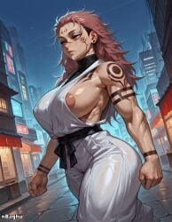 1girls ai_generated areola_slip arm_tattoo big_ass face_tattoo forehead_tattoo genderswap_(mtf) harem_pants highres jujutsu_kaisen kimono large_breasts muscular muscular_female nbaghu pink_hair red_eyes ryoumen_sukuna_(jujutsu_kaisen) sash sideboob sleeveless solo tattoo thick_thighs turtleneck undercut