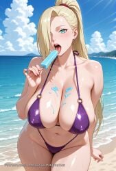 ai_generated ambiguous_imagination beach big_ass big_breasts blonde_hair blue_eyes covered_nipples curvy curvy_female curvy_figure erect_nipples hanging_breasts high_ponytail highres huge_ass huge_breasts ino_yamanaka long_hair looking_at_viewer milf mommy naruto naruto_(series) open_mouth patreon_username popsicle puffy_nipples revealing_clothes sling_bikini stable_diffusion thick_thighs thighhighs tongue_out turquoise_eyes