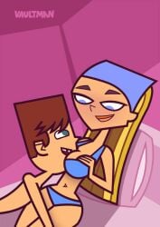 1boy 1girls blonde_hair blue_bra blue_panties bra brown_hair cody_(tdi) lindsay_(tdi) panties total_drama_island vaultman