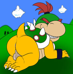 1boy 2014 anthro anus ascot ass balls barefoot bowser_jr. claws cub hair happy hi_res jerseydevil koopa male male_only mario_(series) nintendo nude outside scalie sharp_claws sharp_teeth shell smile solo spikes super_mario_bros. super_mario_bros._(nes) teeth toe_claws young