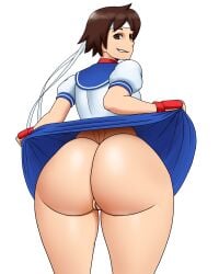 1girls ass ass_focus big_ass bottomless bottomless_skirt brown_eyes brown_hair capcom female female_focus female_only from_behind gloves headband huge_ass lifting_skirt looking_at_viewer looking_back no_panties pussy sakura_kasugano school_uniform schoolgirl short_hair skirt skullkidsak smile solo solo_female solo_focus street_fighter thick thick_ass thick_thighs tomboy