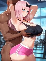 1girls ai_generated arzagod big_ass big_breasts black_bow fujiwara_chika gym kaguya-sama_wa_kokurasetai_~tensai-tachi_no_renai_zunousen~ patreon patreon_username pink_hair sweat tagme twitter uncensored