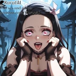 1girls ai_generated artist_name artist_signature bare_shoulders bat black_hair blood blood_on_face blush breasts demon_slayer fangs hair_ribbon hands_on_own_cheeks hands_on_own_face hi_res high_resolution highres kamado_nezuko kimetsu_no_yaiba kurutai long_hair looking_at_viewer nail_polish nezuko_kamado open_mouth outdoors patreon pink_eyes saliva sharp_fingernails solo tongue tongue_out uncensored