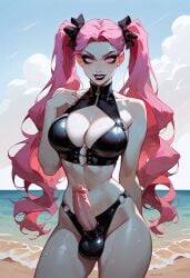 ai_generated anime_character beach black_swimsuit female futanari pink_hair