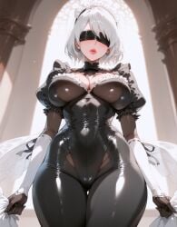 1girls ai_generated android bob_cut huge_breasts lewdwaifulaifu lingerie maid nier nier:_automata nier_(series) short_hair slim_waist solo solo_female solo_focus thick_thighs white_hair yorha_2b