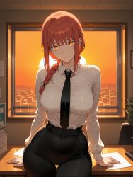 ai_generated black_pants chainsaw_man curvy hi_res makima_(chainsaw_man) medium_breasts medium_hair office_lady red_hair solo sunset white_blouse wide_hips yellow_eyes