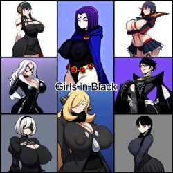 8girls ai_generated bayonetta bayonetta_(character) big_breasts black_cat_(marvel) black_clothing black_dress black_hair cleavage collage covered_nipples cynthia_(pokemon) dc dc_comics huge_breasts kill_la_kill large_breasts marvel marvel_comics matoi_ryuuko mullon novelai pokemon pokemon_dppt raven_(dc) senketsu spy_x_family teen_titans the_addams_family top_heavy trait_connection wednesday_addams yor_briar yorha_2b