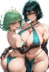 2girls ai_generated ass breast_size_difference breasts female flyingpancake fubuki_(one-punch_man) green_eyes green_hair height_difference huge_breasts light-skinned_female light_skin naughty_face one-punch_man short_hair sisters small_breasts tatsumaki thighs