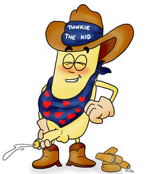 bandana blush boots cowboy cowboy_hat cum cumming food hostess male male_only mascot penis solo twinkie_the_kid twinkies