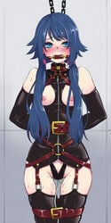 arms_behind_back bit_gag blue_eyes blue_hair blush bondage borrowed_character breasts chains collar elbow_gloves female femsub fukami_nana gag gagged gloves hanauna harness highres leather long_hair looking_at_viewer nipples original pussy_juice solo standing thighhighs tied_hair twintails