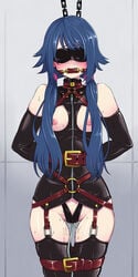 arms_behind_back bit_gag blindfold blue_hair blush bondage borrowed_character breasts chains collar elbow_gloves female fukami_nana gag gagged gloves hanauna harness highres leather long_hair looking_at_viewer nipples original pussy_juice solo standing thighhighs tied_hair twintails