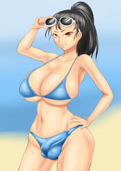 1futa balls_in_panties beach bikini black_hair breasts brown_eyes bulge busty cameltail cleavage futa_only futanari hourglass_figure intersex large_breasts navel penis_in_panties ponytail solo standing sunglasses tied_hair tontoro8 voluptuous