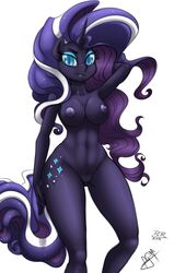 2014 abs anthro anthrofied blue_eyes blush breasts curly_hair cutie_mark dark_persona equine eyelashes eyeshadow female flowing_hair friendship_is_magic fur furry hair hand_on_head horn long_hair looking_at_viewer makeup mammal multicolored_hair my_little_pony navel nightmare_rarity nipples nude pabloracer pia-sama plain_background purple_fur pussy rarity_(mlp) smile solo standing straight_hair teeth unicorn white_background