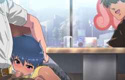 animated blue_hair censored clothed_female clothed_sex fellatio hair nighthawk_(circle) oral penis public public_sex short_hair tanline