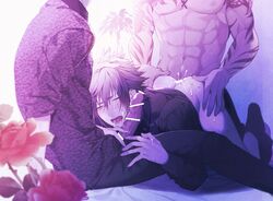 3boys abs anal ass bed bottomless cum cum_in_ass cumdrip erection final_fantasy final_fantasy_xv flower gay gladiolus_amicitia ignis_scientia male male/male male_only multiple_boys muscle noctis_lucis_caelum penetration penis sex sitting spitroast tattoo threesome yaoi