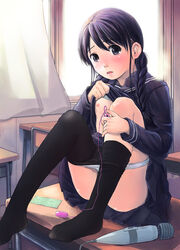 black_hair black_legwear bra bra_lift braid censored classroom condom condom_packet_strip condom_wrapper convenient_censoring curtains desk egg_vibrator feet female hidari_kagetora highres hitachi_magic_wand long_hair nipples no_shoes open_mouth original panties panties_under_pantyhose panty_pull pantyhose pantyhose_pull school_uniform serafuku shirt_lift sitting skirt solo underwear vibrator