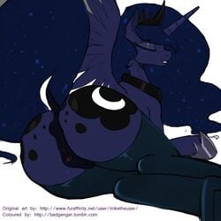 2014 alicorn anus ass badgengar blue_fur blue_hair cutie_mark equine female friendship_is_magic furry hair horn legwear long_hair lying mammal miketheuser my_little_pony on_side plain_background princess_luna_(mlp) pussy solo thigh_highs white_background wings