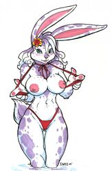 00s 2009 anthro big_breasts bikini blue_eyes blush breasts cameltoe chest_tuft closed_legs clothed clothing female finger_pads flashing flower fur fur_tuft furry iggi lagomorph long_ears looking_at_viewer mammal navel nipples plain_background purple_fur rabbit signature skimpy solo spots standing swimsuit tight_clothing tuft white_background white_fur