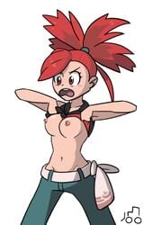 beige_skin blush breasts bulldozerart clothes color female female_only flannery_(pokemon) flannery_(pokemon_oras) flashing gym_leader hair human human_only nintendo nipples open_eyes open_mouth pants pokemon pokemon_oras pokemon_rse red_eyes red_hair round_ears shirt_lift solo standing white_background