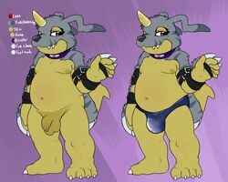 1boy bulge chub collar colored comparison d-yoshi digimon flaccid flat_colors fur_pelt gabumon hairless horn leather_straps looking_at_viewer male male_only mauve_background model_sheet moobs navel nude penis purple_eyes scalie solo speedo standing swimsuit testicles text uncut waving