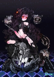 1boy black_hair blush bulge crossdressing cum dress ejaculation erection erection_under_clothes glowing glowing_eyes gothic_lolita isolated_island_oni kantai_collection lolita_fashion long_hair looking_at_viewer male navel no_shoes orgasm pale_skin pantyhose penis precum red_eyes riccae shinkaisei-kan shoes_removed sitting solo tears torn_clothes trap very_long_hair wince