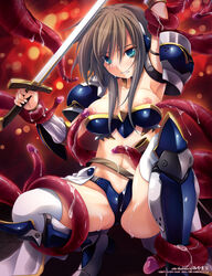 armor brown_hair female miyama-zero sword tentacle thighhighs weapon