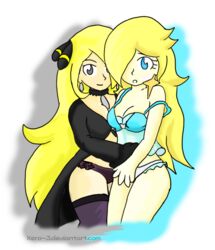 2girls alpha_channel blonde_hair blue_background crossover cynthia_(pokemon) female female_only for_sticker_use gray_background hair human lingerie mario_(series) multiple_girls nintendo png pokemon princess_rosalina sticker_template transparent_background transparent_png xero-j yuri