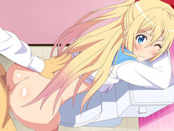 1boy ass blonde_hair blue_eyes blush bottomless female hair_ribbon kirisaki_chitoge long_hair nisekoi ribbon school_uniform sex shuu_maiko straight toilet undershaft