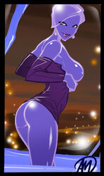 arched_back ass bottomless clothing earrings female female_only ganassa leah_estrogen looking_back monster_girl osmosis_jones purple_skin shirt sideboob smile solo undressing water