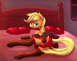 2014 applejack_(mlp) ass bedroom blonde_hair blush earth_pony equine female freckles friendship_is_magic fur green_eyes hair horse inside looking_at_viewer lying mammal my_little_pony on_bed on_side orange_fur pillow pony pussy_juice smokedpone smooth_skin solo