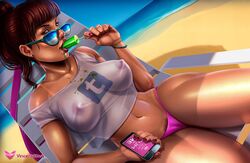 1girls beach bikini_bottom breasts brown_eyes brown_hair earrings female female_only large_breasts nipples ponytail popsicle pubic_hair see-through sitting solo tank_top tied_hair vianca vincentcc