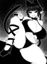 animal_ears blush bra braids breasts cat_girl choker ginku_mh high_heels huge_breasts monochrome panties pointy_ears rin_kaenbyou smile tail thighs touhou