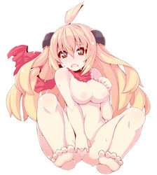 ahoge barefoot blonde_hair blush breasts crazy_developers cute_fang feet fingering green_eyes highres large_breasts long_hair masturbation navel nipples nude open_mouth phantasy_star phantasy_star_online_2 pussy pussy_juice spread_legs symbol-shaped_pupils toes