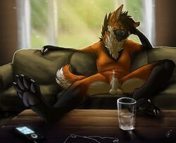 1boy anthro balls big_ears canine claws digitigrade fur hair hindpaw inside inviting looking_at_viewer male male_only mammal mane maned_wolf nude orange_fur pawpads paws penis sheath shooks sitting smile sofa solo spread_legs spreading twistedhound