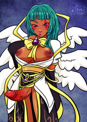 1futa aqua_hair breasts breasts_out dark_skin dress erection futa_only futanari intersex large_breasts large_penis long_hair my_pet_tentacle_monster nipples open_clothes penis purple_eyes ribbon solo standing uncensored wings xuxa