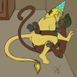 2boys anal anthro awkward birthday delicatessen feline fur furry furry_only gay jude leonine leonine_tail lion logan_(monkey) male male_only mammal monkey nude_male primate shmagaman