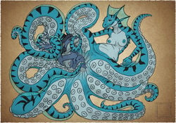 4ofswords anthro black_stripes blue_hair blue_nipples blue_scales breasts ducelle female fish greenwing hair marine nipples octopus scylla shark tentacle vore