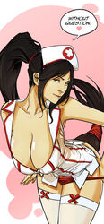 akali_jhomen_tethi bent_over breasts brown_hair cleavage english female green_eyes hat head_tilt highres league_of_legends leaning_forward long_hair nipples nurse nurse_akali nurse_cap panties panty_pull parted_lips ponytail smile solo the_grind_series thighhighs tied_hair uger underwear undressing white_legwear