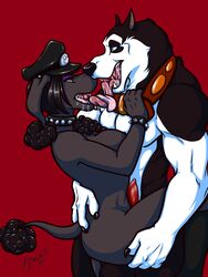 2014 anthro breasts canine duo erection furry futa_with_male futanari hair herm intersex kissing male mammal nude open_mouth penis plain_background poodle red_background spacecadet standing tongue tongue_out uncensored