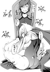 1boy ass blush breasts fellatio female femdom hattori_hanzo_uruka hinukan_kou kojou leotard monochrome one_eye_closed oral raglan_sleeves scarf short_hair short_ponytail sideboob sitting skin_tight sweat tears text translation_request trembling wince yatagarasu_(game)